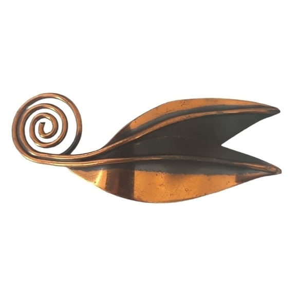Copper Southwestern Leaf Brooch with Scroll Detail Stem - Picture 2 of 5